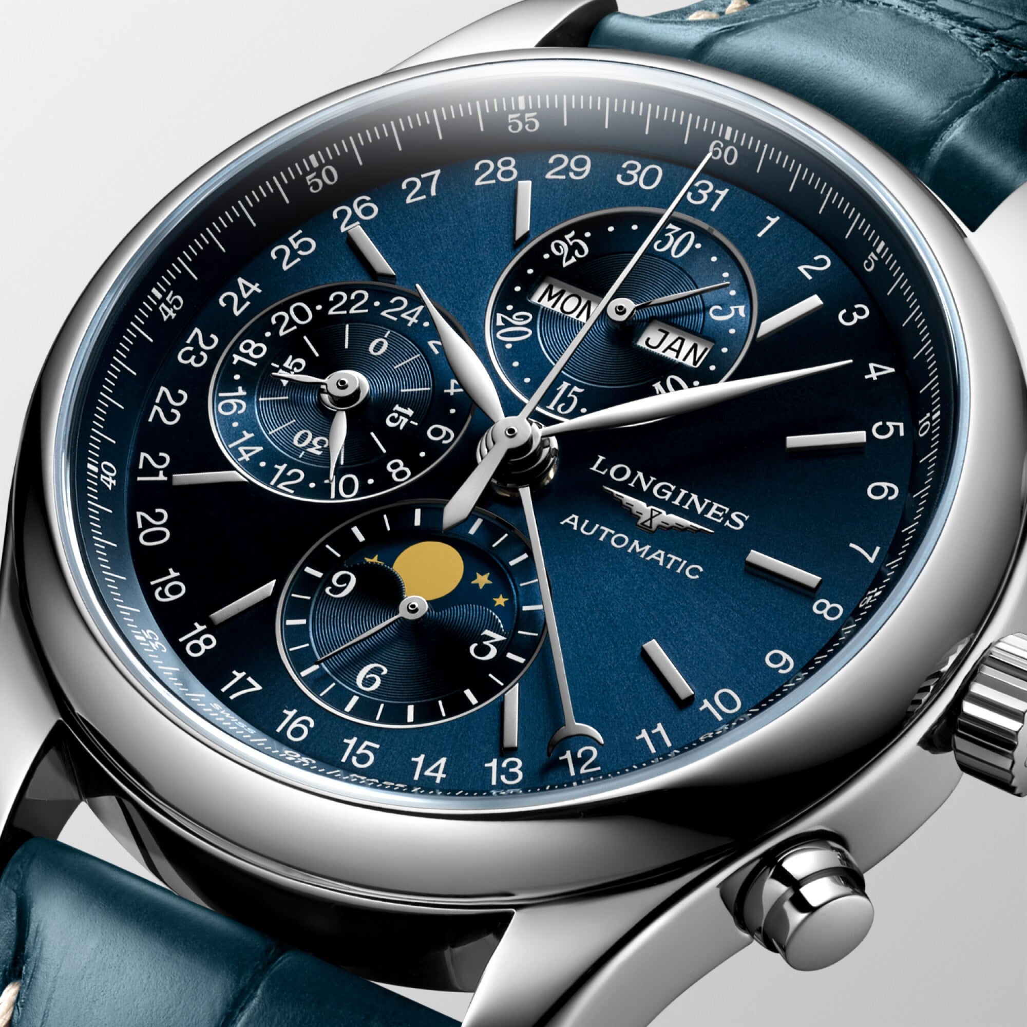 Reloj Longines Master Collection Chronograph Moonphase Automático Dial Azul L2.773.4.92.0
